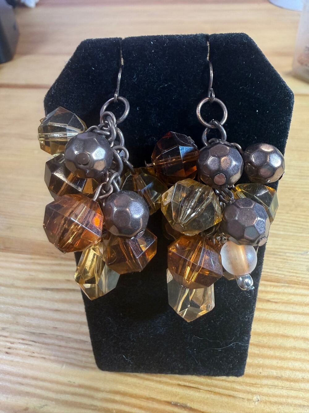 Amber Brown Faceted Bead Cluster Dangle Earrings Gunmetal Statement 2.5"